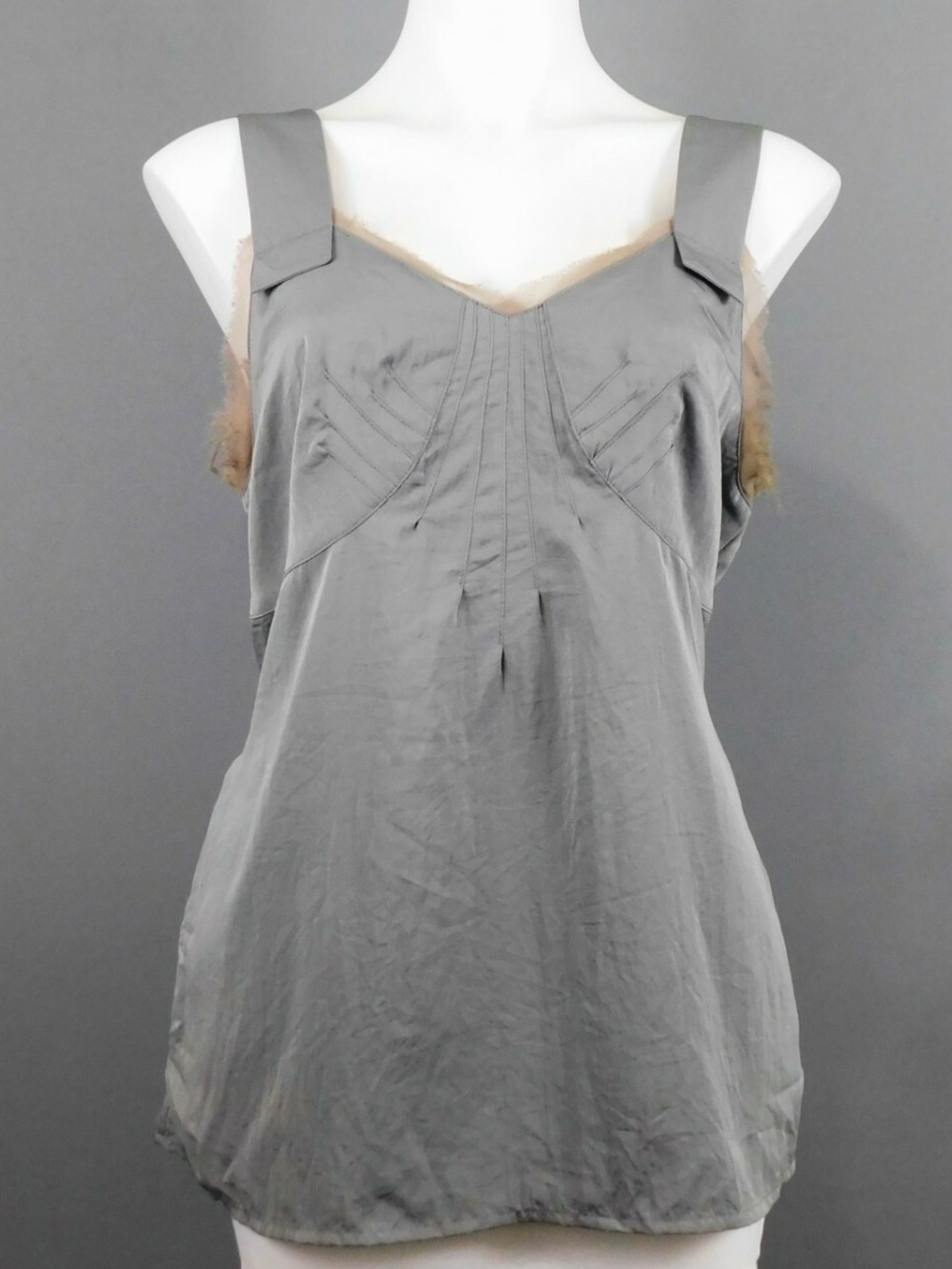 Simply Vera Vera Wang Pleated Tie Waist Tank Top L Gray Taupe Chiffon Raw Trim